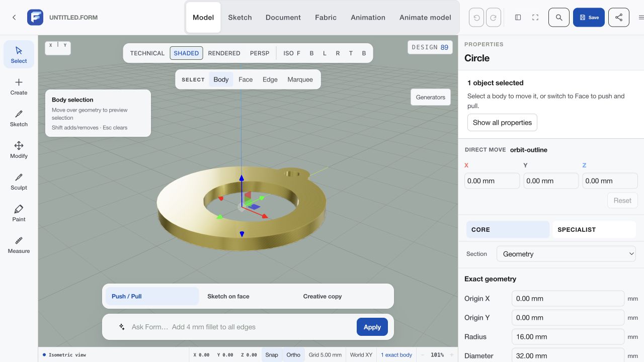 Orbit pendant open in Form’s Model workspace as one exact CAD body