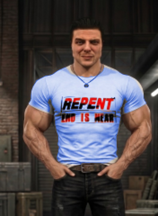 Select his shirt. Change its color.