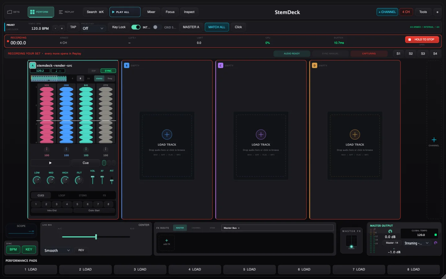 StemDeck live performance workspace showing four decks, vertical stem waveforms, project sync and recording