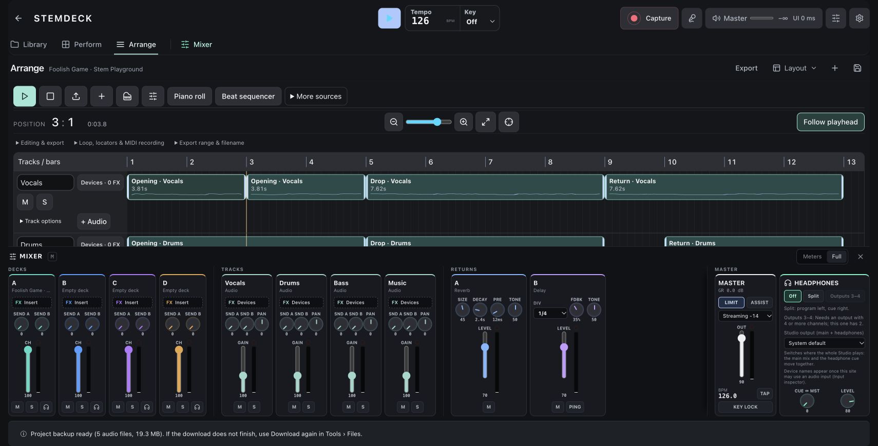Real StemDeck workspace for Stem FX + mixer
