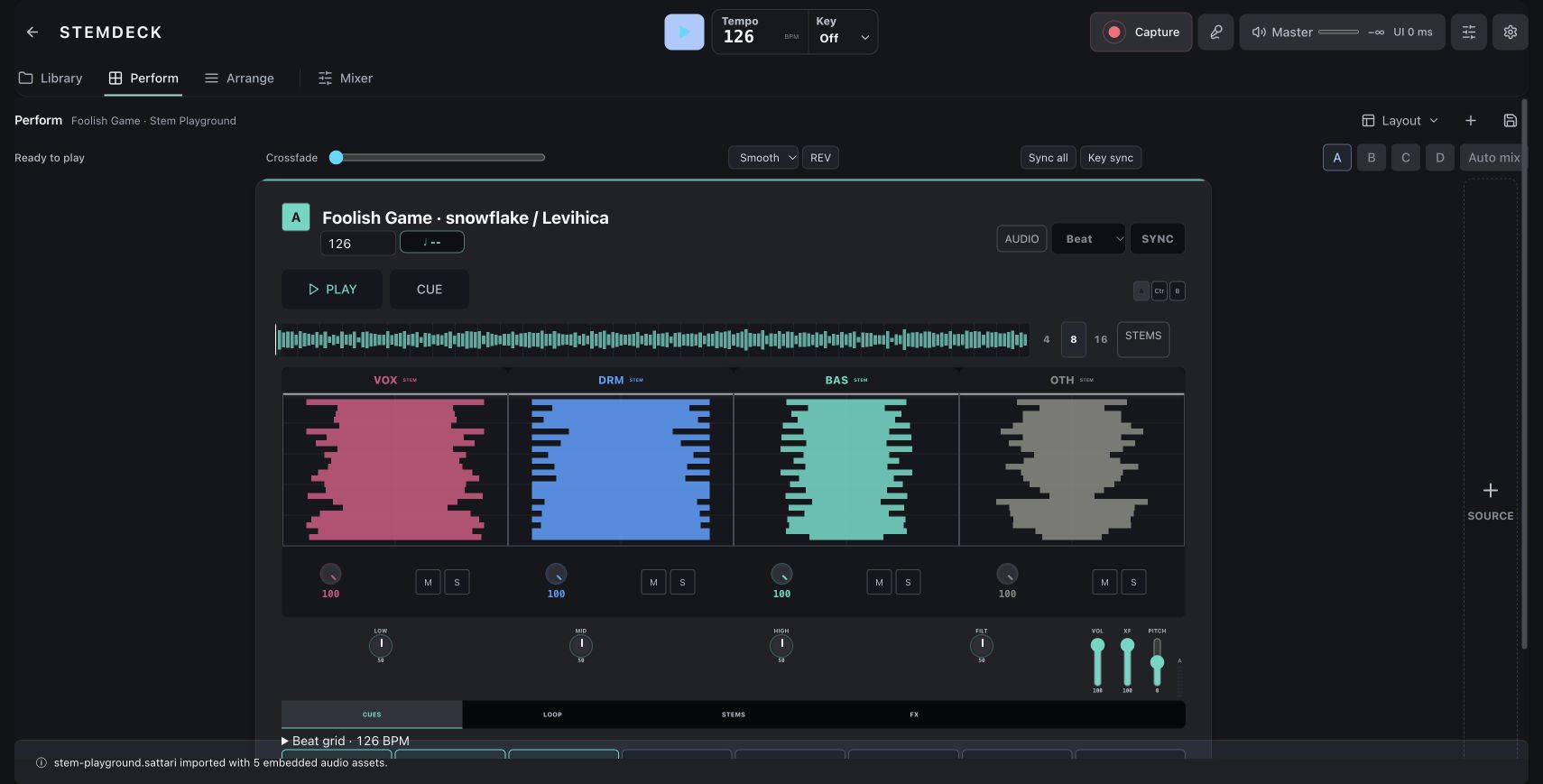Foolish Game loaded in the current Sattari studio, with vocals, drums, bass and music available independently.